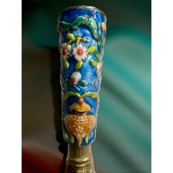 Chinese Brass Silk Iron-Dragon Relief-Painted Enamel Handle-Antique-Charcoal - Picture 2 of 8